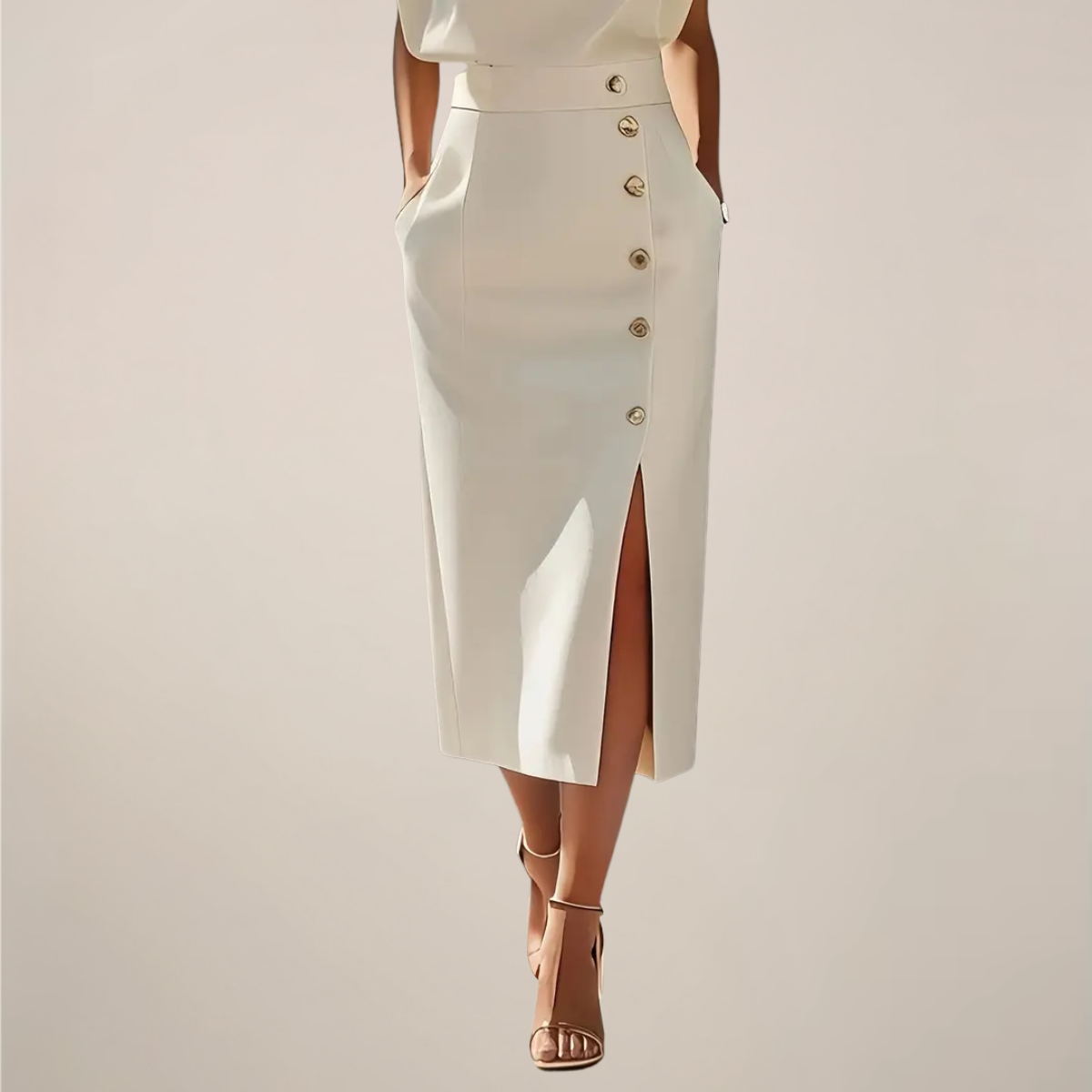 Button Slit Midi Dress with Shoulder Pads - Elegant Fitted Dress for Women