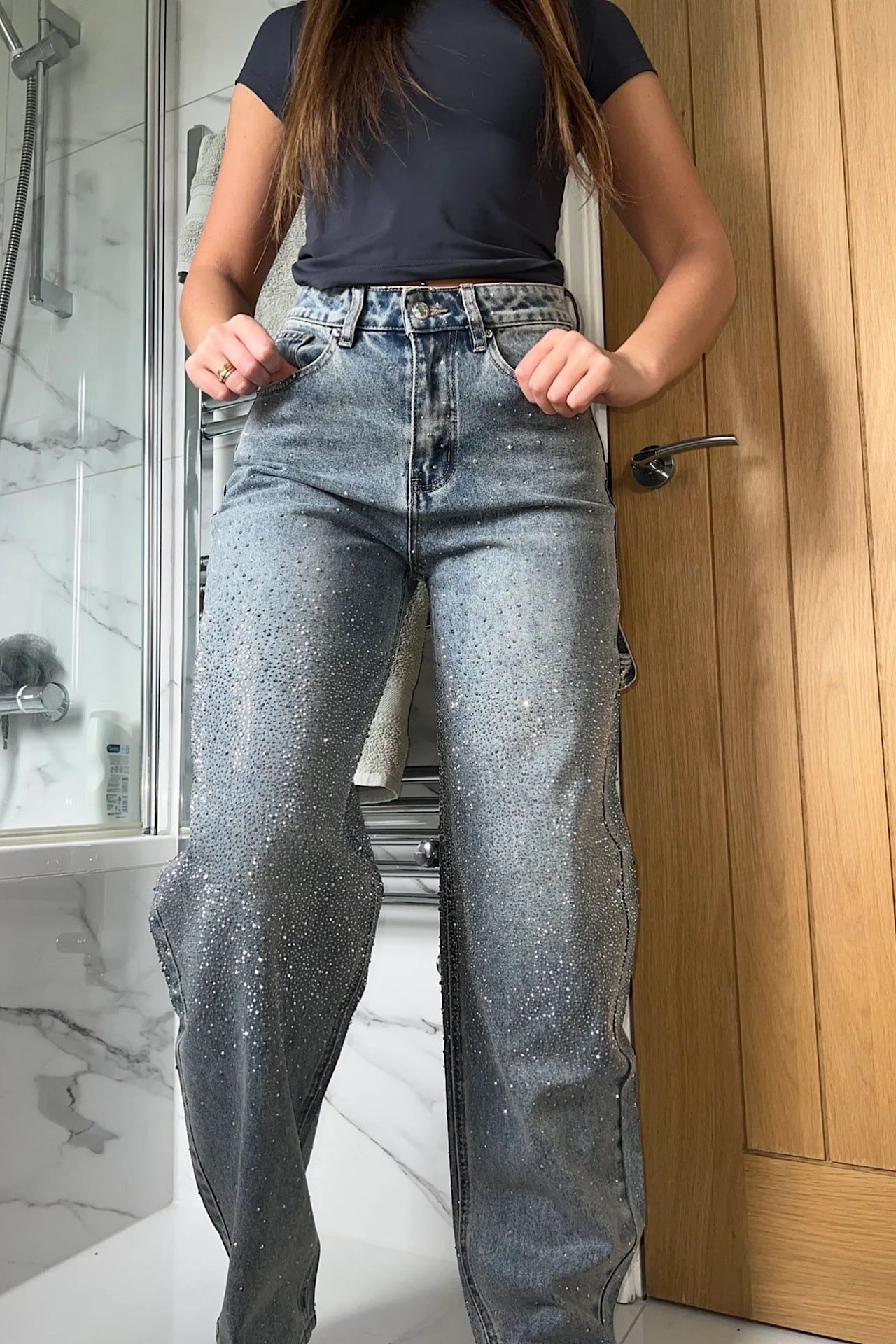 Wide Leg Rhinestone Jeans - Women's High Waist Denim Pants - Light Wash