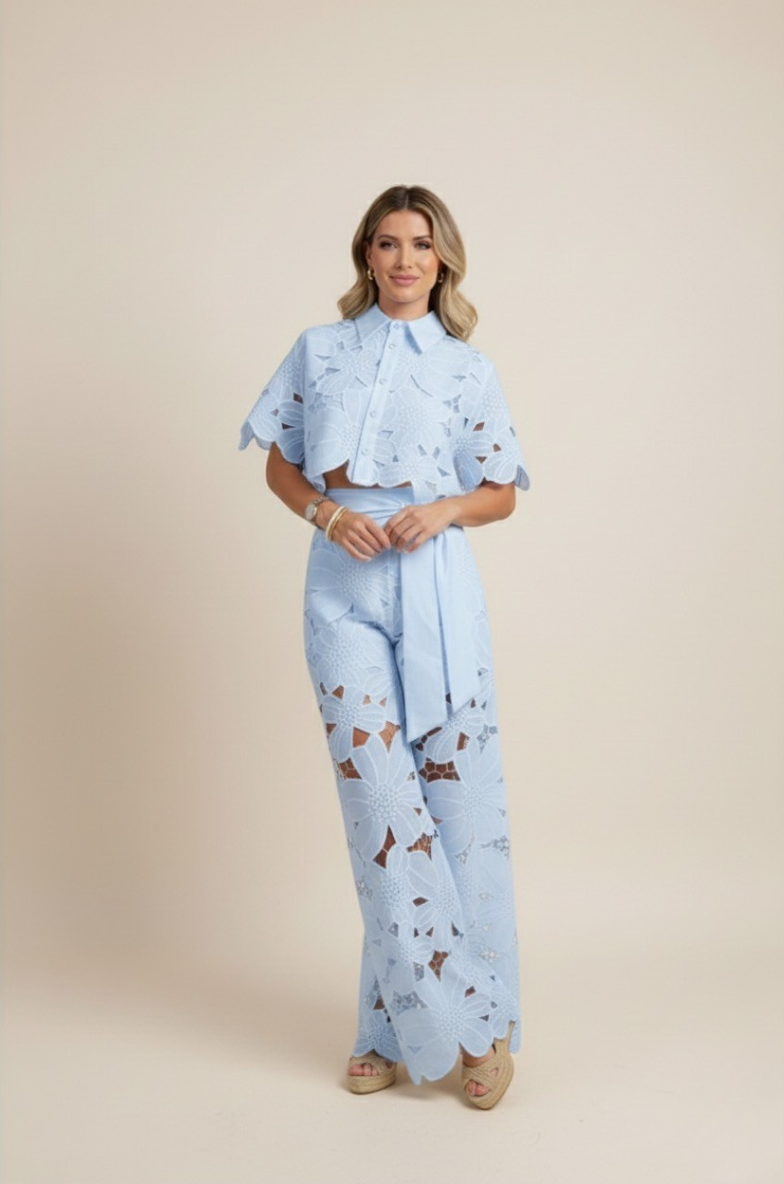 Floral Lace Two-Piece Set: Cropped Shirt & Wide Leg Pants - Women's Matching Outfit