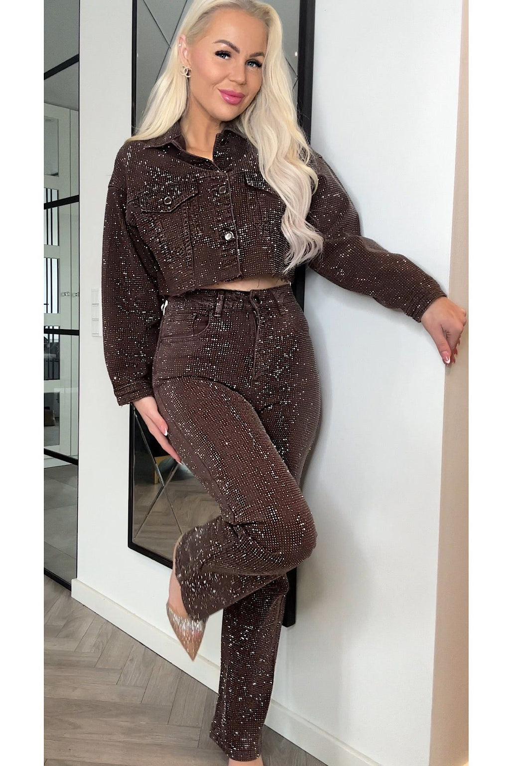 Brown Rhinestone High Waist Flare Jeans for Women - Embellished Denim Pants