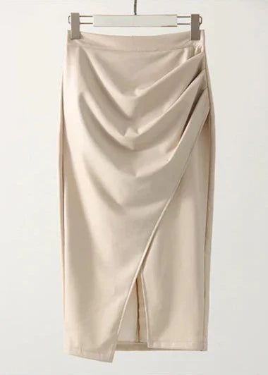 Draped Faux Leather Midi Skirt with Slit - Women's Elegant Pencil Skirt - Available in Black, Beige, Brown