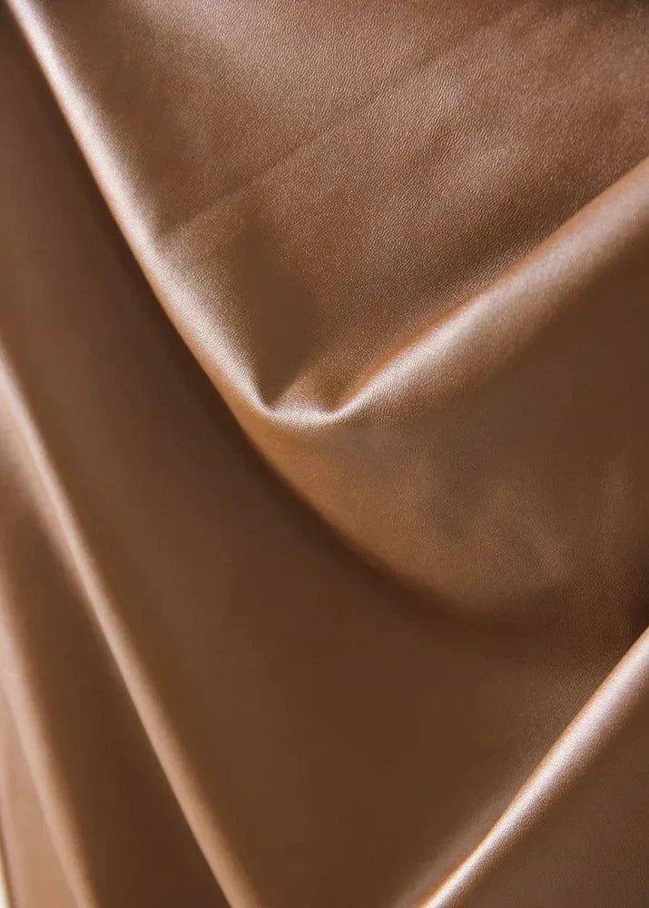 Draped Faux Leather Midi Skirt with Slit - Women's Elegant Pencil Skirt - Available in Black, Beige, Brown