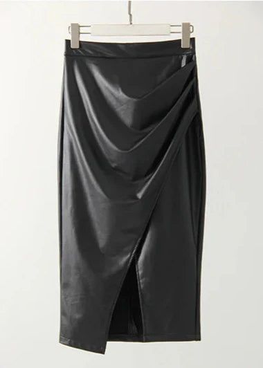Draped Faux Leather Midi Skirt with Slit - Women's Elegant Pencil Skirt - Available in Black, Beige, Brown