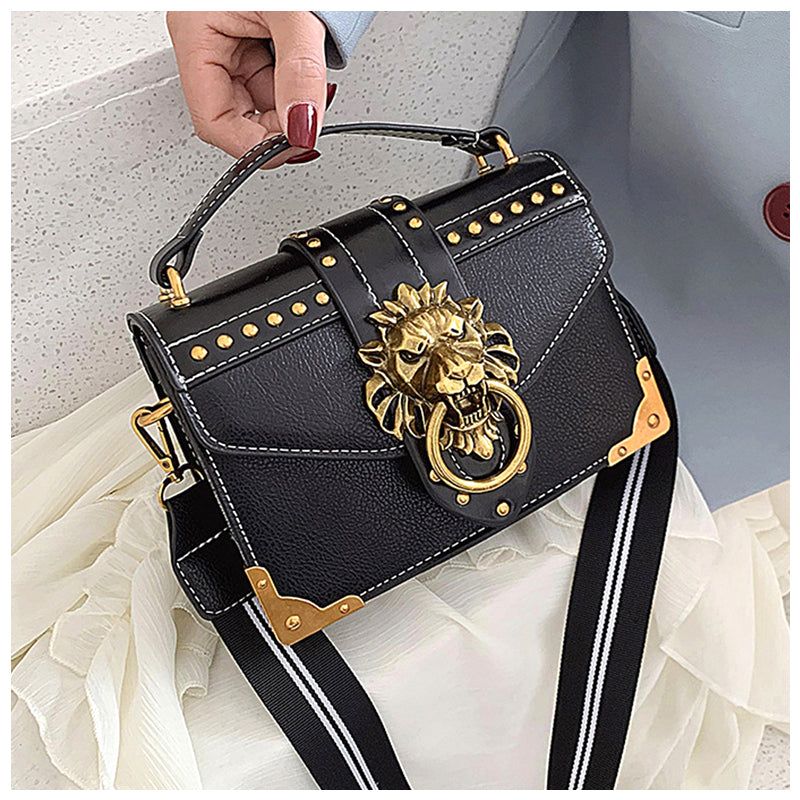 Lion Emblem Flap Satchel Bag - Shoulder Handbag, Faux Leather, Black/Red/Pink