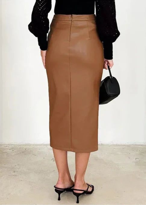 Draped Faux Leather Midi Skirt with Slit - Women's Elegant Pencil Skirt - Available in Black, Beige, Brown
