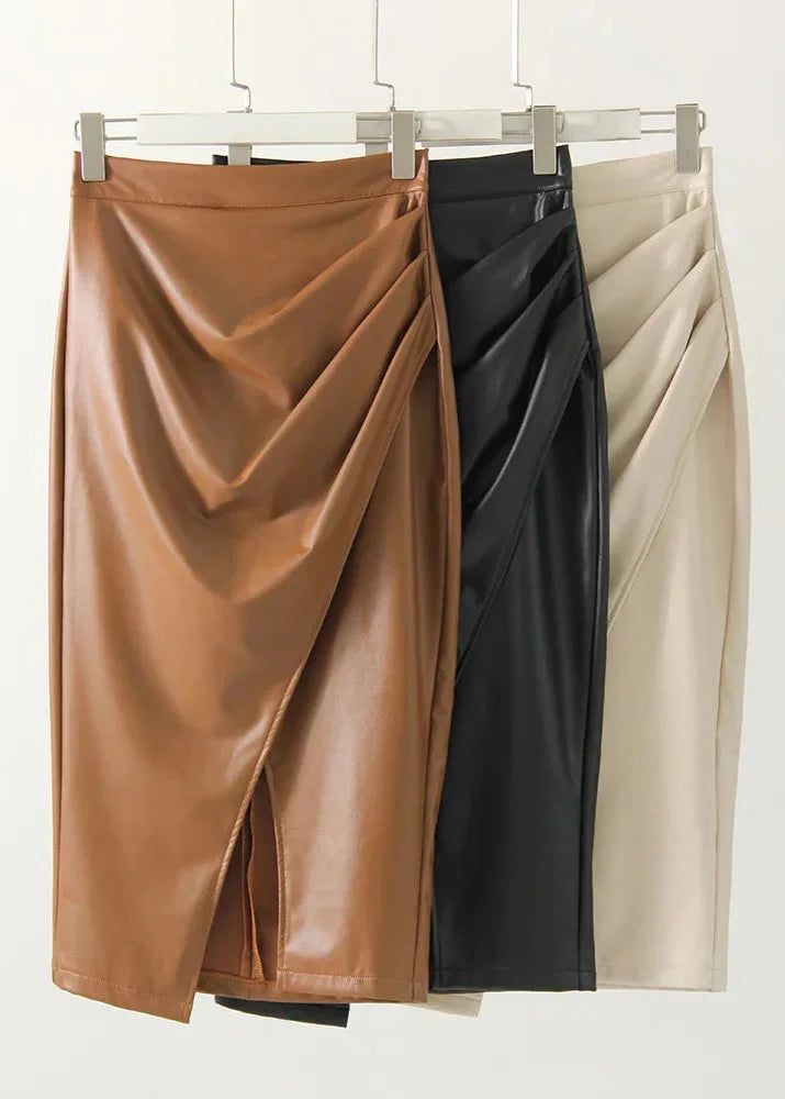 Draped Faux Leather Midi Skirt with Slit - Women's Elegant Pencil Skirt - Available in Black, Beige, Brown