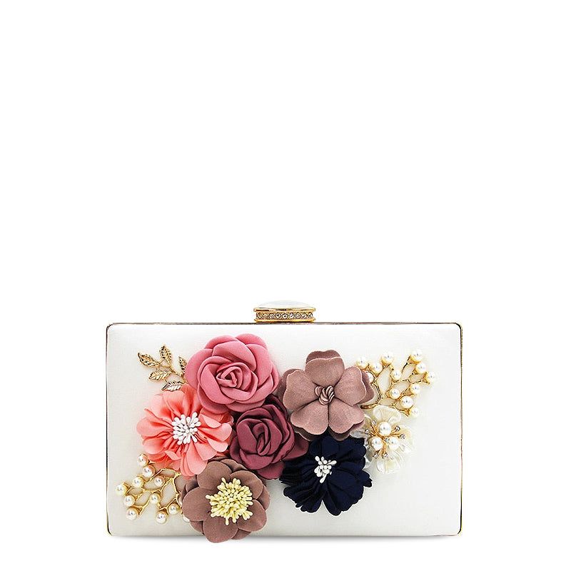 Floral Clutch Bag - White Evening Purse with Chain Strap, Fabric Flowers & Pearl Embellishments