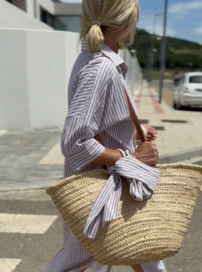 Striped Cotton Shirt Dress with Straw Tote Bag - Pink/Blue/Grey, Lightweight, Casual