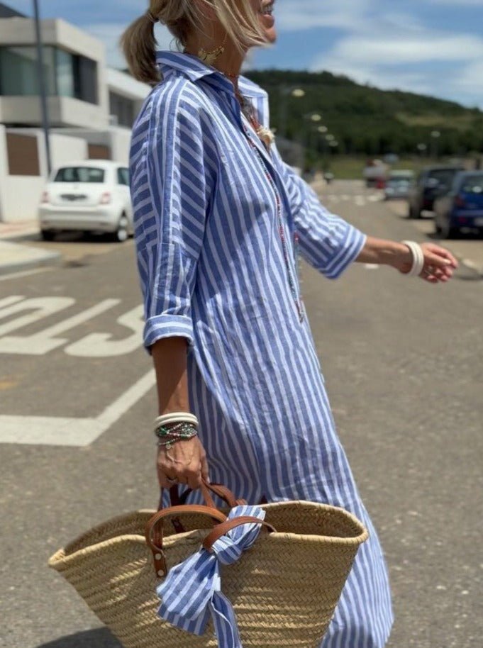Striped Cotton Shirt Dress with Straw Tote Bag - Pink/Blue/Grey, Lightweight, Casual