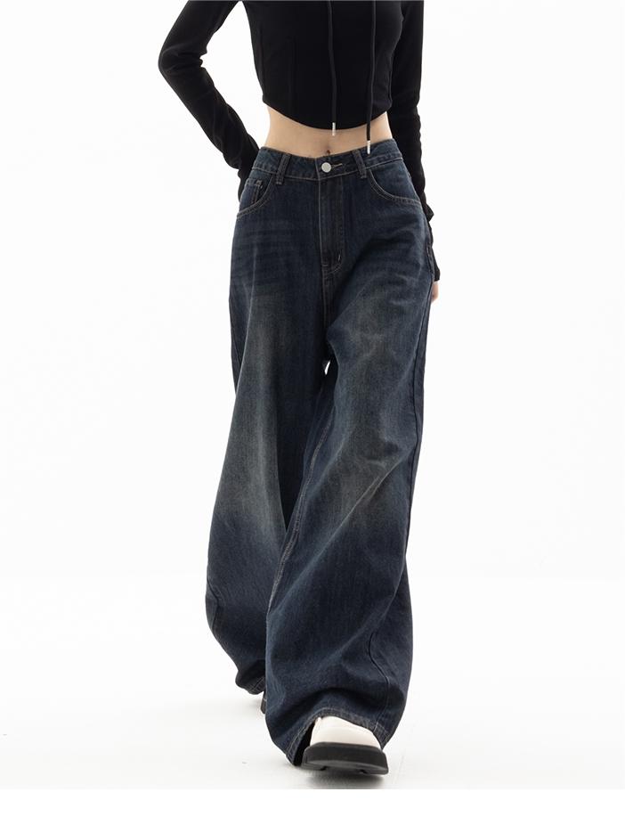 Women's Wide-Leg Denim Jeans - Dark Blue, Comfortable Fit, High Waist